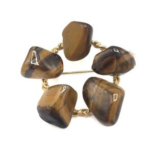 Polished Tiger's Eye Stone Circle Gold Tone Brooch Pin